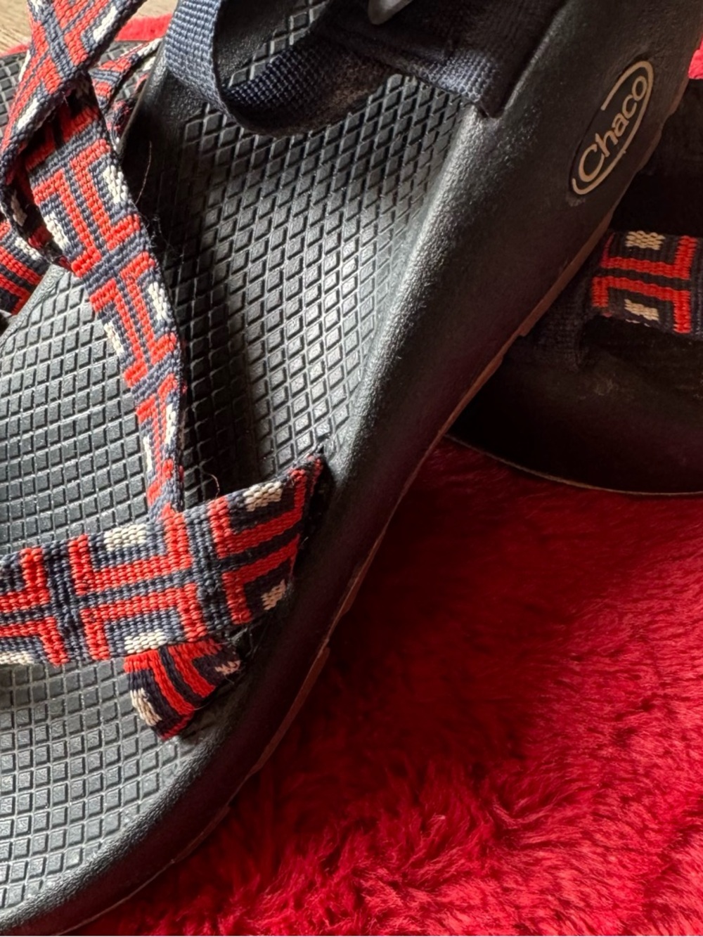 Chaco Women's Blue Sandals with Red and White Geometric Straps - Picture 5 of 7